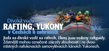 RAFTING, YUKONY - Jizda na divoké vodě na raftech, čluny jsou vedeny raftguidy. Zdatnější mohou označené zájezdy absolvovat i na dvou-místných nafukovacích samovylévacích kánoích Yukonech.